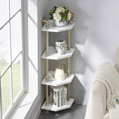 Corner Bookshelf with Storage, Wall Mount Pipe Open Shelves, White Corner Shelf Stand, Gold Metal Décor Bookcase , Modern Shelf Organizer Display Stand Rack for Bedroom, Bathroom, Home, Office, Living Room 6090-CS303WGD/6090-CS404WGD/6090-CS505WGD