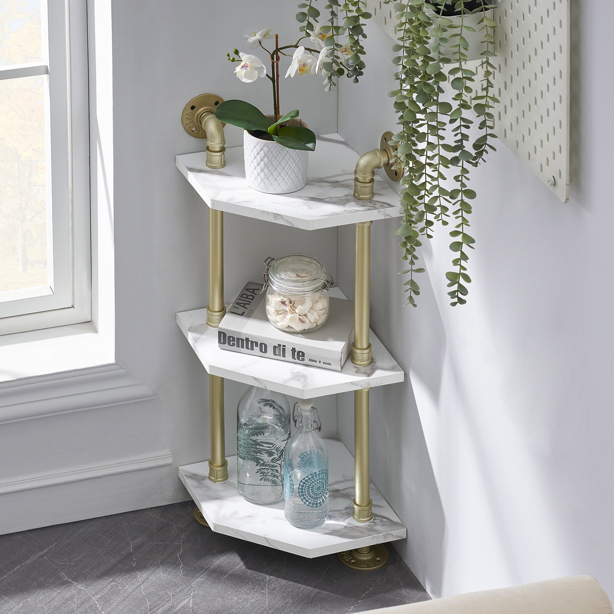 Corner Bookshelf with Storage, Wall Mount Pipe Open Shelves, White Corner Shelf Stand, Gold Metal Décor Bookcase , Modern Shelf Organizer Display Stand Rack for Bedroom, Bathroom, Home, Office, Living Room 6090-CS303WGD/6090-CS404WGD/6090-CS505WGD