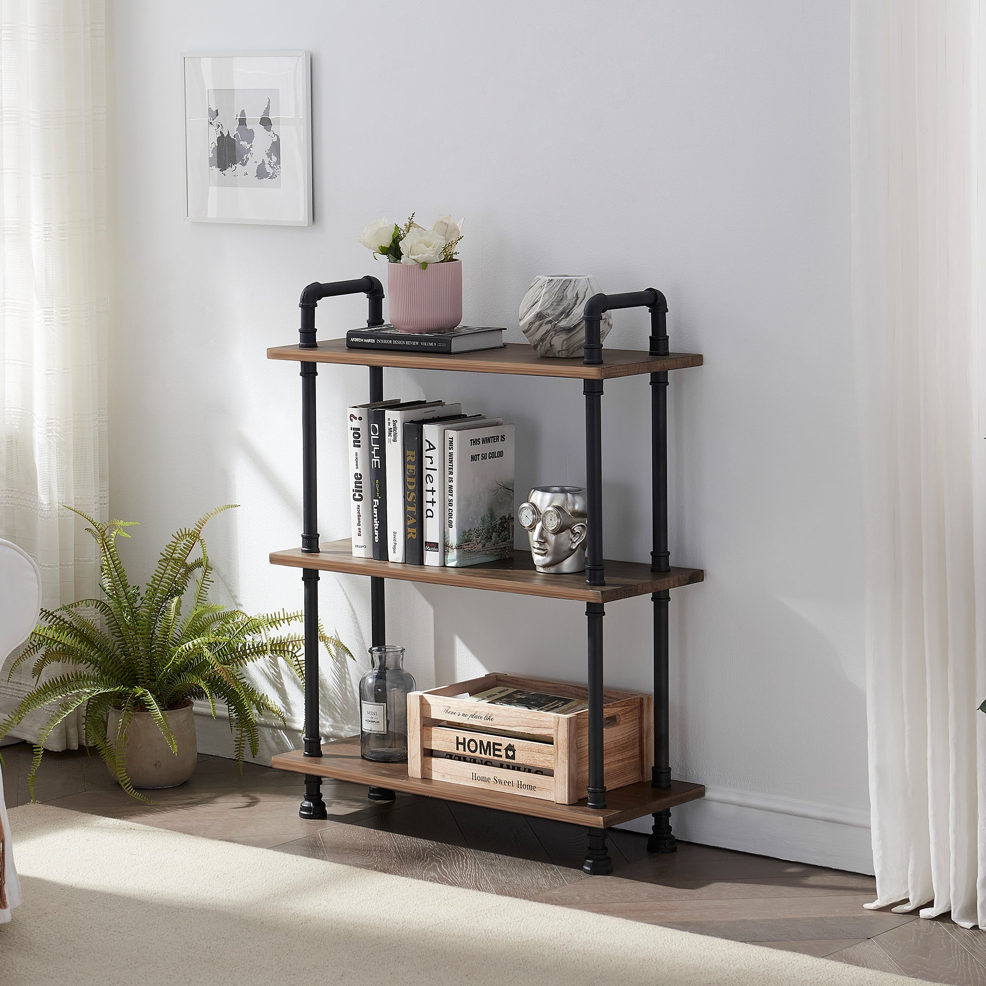 Mcombo Industrial Bookshelf Wood & Metal Bookcase, Rustic Plant Shelf Storage Rack Vintage Kitchen Shelves, Wide Modern Open Display Shelf Heavy Duty Pipe Book Cases Farmhouse Etagere BS505/404/303BLK