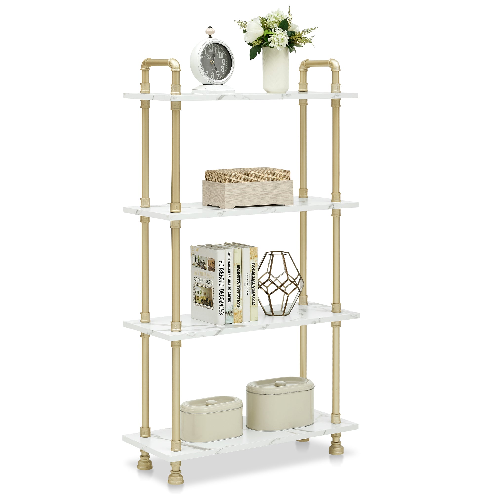 Mcombo 5 Tier Bookshelf Tall, Open Etagere Bookcase with Metal Frame, Office Shelf Storage Organizer, Modern Book Shelf for Living Room, Bedroom, Home Décor Display Rack, White Marble Gold 6090-BS303WGD/6090-BS404WGD/6090-BS505WGD