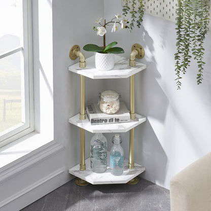 Corner Bookshelf with Storage, Wall Mount Pipe Open Shelves, White Corner Shelf Stand, Gold Metal Décor Bookcase , Modern Shelf Organizer Display Stand Rack for Bedroom, Bathroom, Home, Office, Living Room 6090-CS303WGD/6090-CS404WGD/6090-CS505WGD