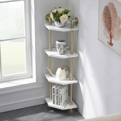 Corner Bookshelf with Storage, Wall Mount Pipe Open Shelves, White Corner Shelf Stand, Gold Metal Décor Bookcase , Modern Shelf Organizer Display Stand Rack for Bedroom, Bathroom, Home, Office, Living Room 6090-CS303WGD/6090-CS404WGD/6090-CS505WGD