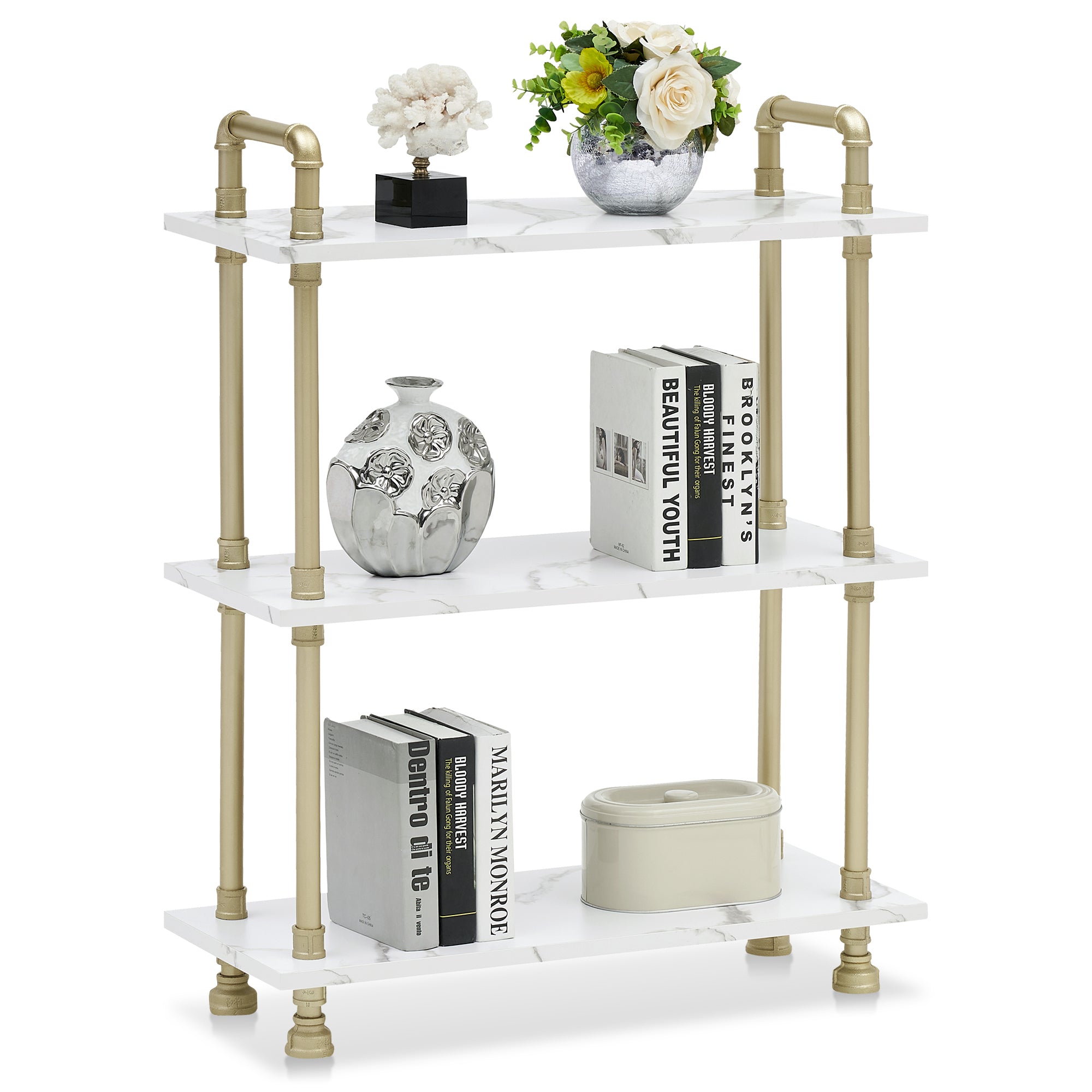 Mcombo 5 Tier Bookshelf Tall, Open Etagere Bookcase with Metal Frame, Office Shelf Storage Organizer, Modern Book Shelf for Living Room, Bedroom, Home Décor Display Rack, White Marble Gold 6090-BS303WGD/6090-BS404WGD/6090-BS505WGD