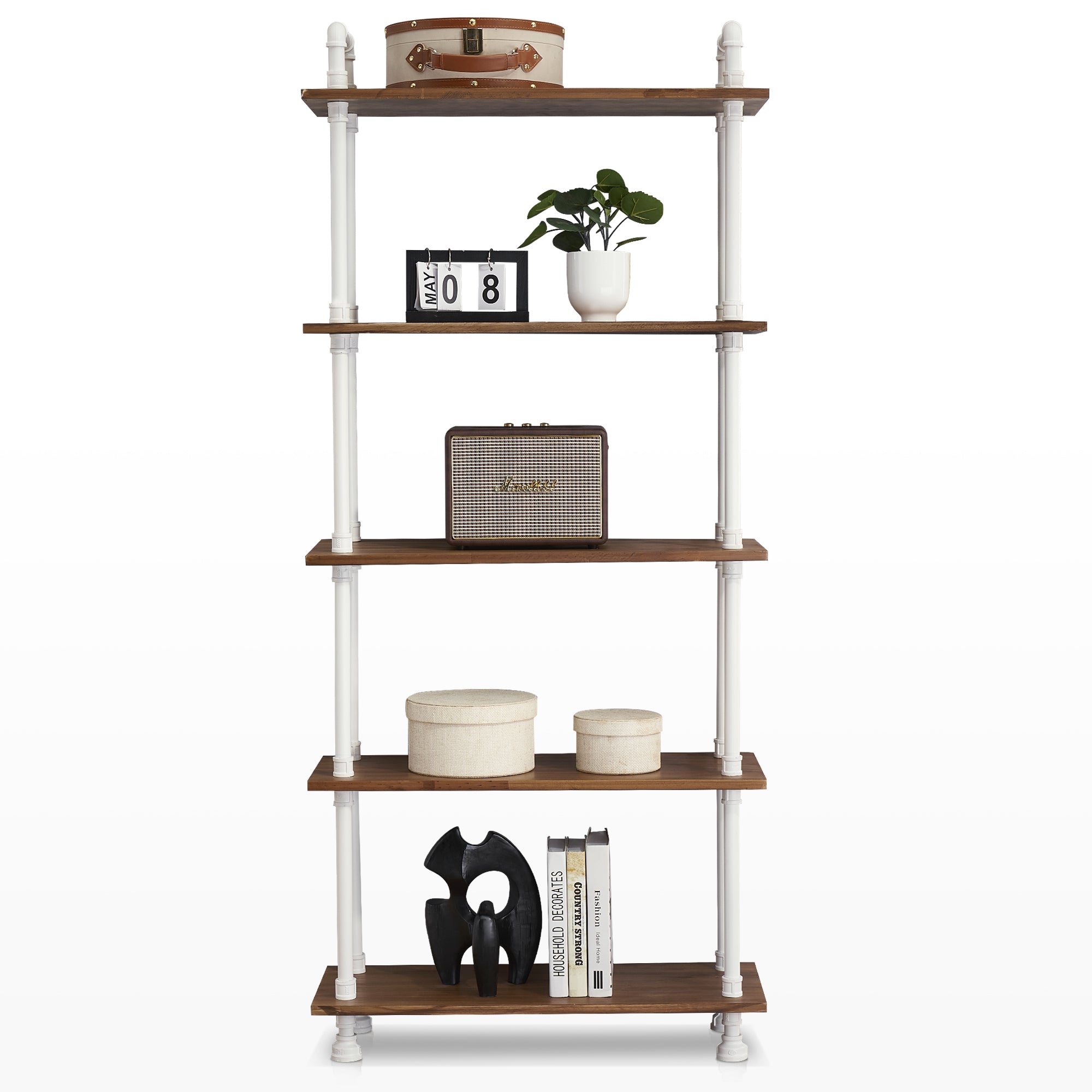 Bookshelf White Book Shelf Ladder Bookcase Tall Bookcases Industrial Bookshelves for Bedroom, Modern Wood Kids Book Shelves 3/4/5 Shelf for Small Spaces 6090-303/404/505WBR