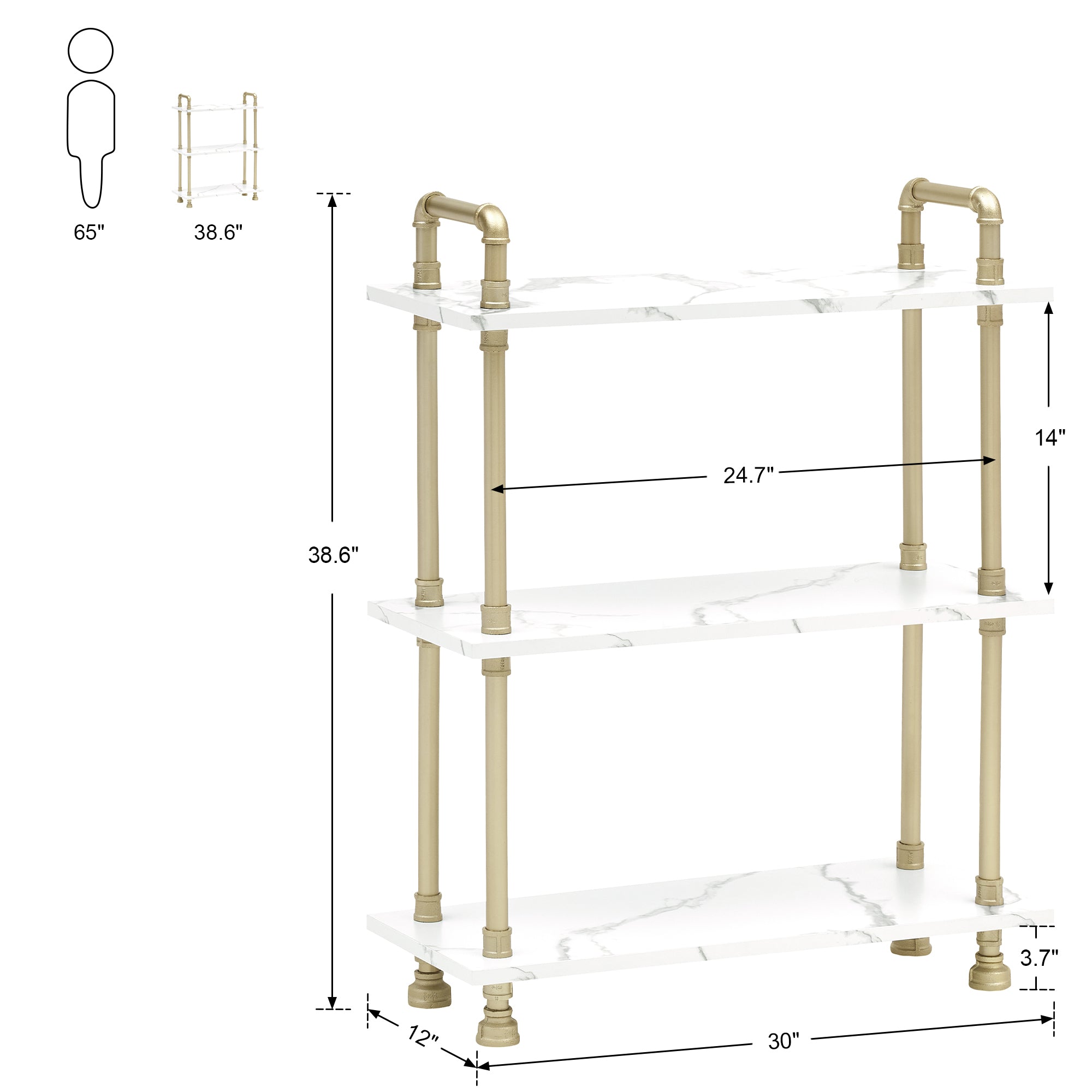 Mcombo 5 Tier Bookshelf Tall, Open Etagere Bookcase with Metal Frame, Office Shelf Storage Organizer, Modern Book Shelf for Living Room, Bedroom, Home Décor Display Rack, White Marble Gold 6090-BS303WGD/6090-BS404WGD/6090-BS505WGD