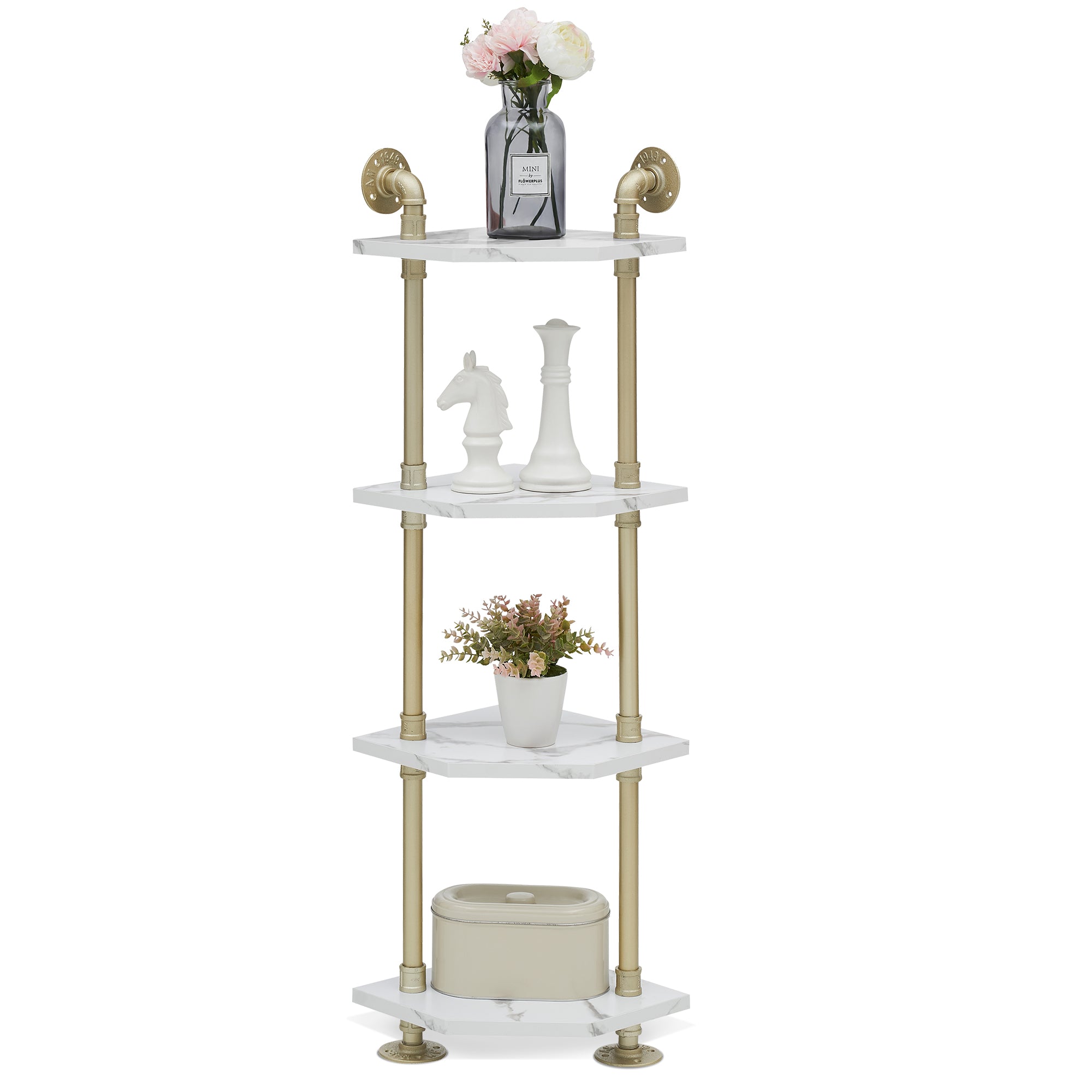 Corner Bookshelf with Storage, Wall Mount Pipe Open Shelves, White Corner Shelf Stand, Gold Metal Décor Bookcase , Modern Shelf Organizer Display Stand Rack for Bedroom, Bathroom, Home, Office, Living Room 6090-CS303WGD/6090-CS404WGD/6090-CS505WGD