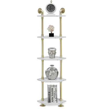 Corner Bookshelf with Storage, Wall Mount Pipe Open Shelves, White Corner Shelf Stand, Gold Metal Décor Bookcase , Modern Shelf Organizer Display Stand Rack for Bedroom, Bathroom, Home, Office, Living Room 6090-CS303WGD/6090-CS404WGD/6090-CS505WGD