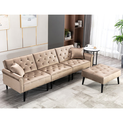 Convertible Velvet Sofa Couch, Sectional Sofa with Ottoman, Mid-Century Upholstered Comfy Futon Sofa Bed, Sleeper Sofa 4-Seater Loveseat for Apartment, Living Room, Office 6090-SOFA-5131GY/P/BG/BU