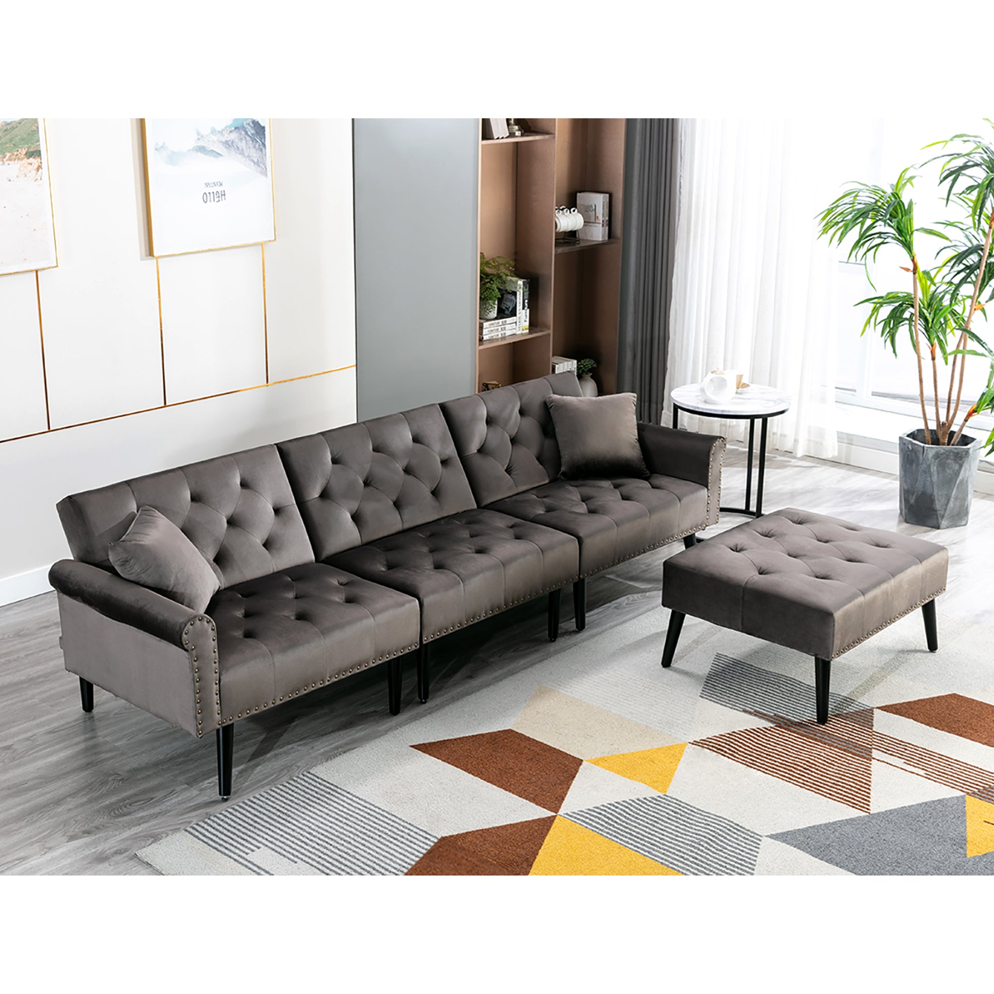 Convertible Velvet Sofa Couch, Sectional Sofa with Ottoman, Mid-Century Upholstered Comfy Futon Sofa Bed, Sleeper Sofa 4-Seater Loveseat for Apartment, Living Room, Office 6090-SOFA-5131GY/P/BG/BU