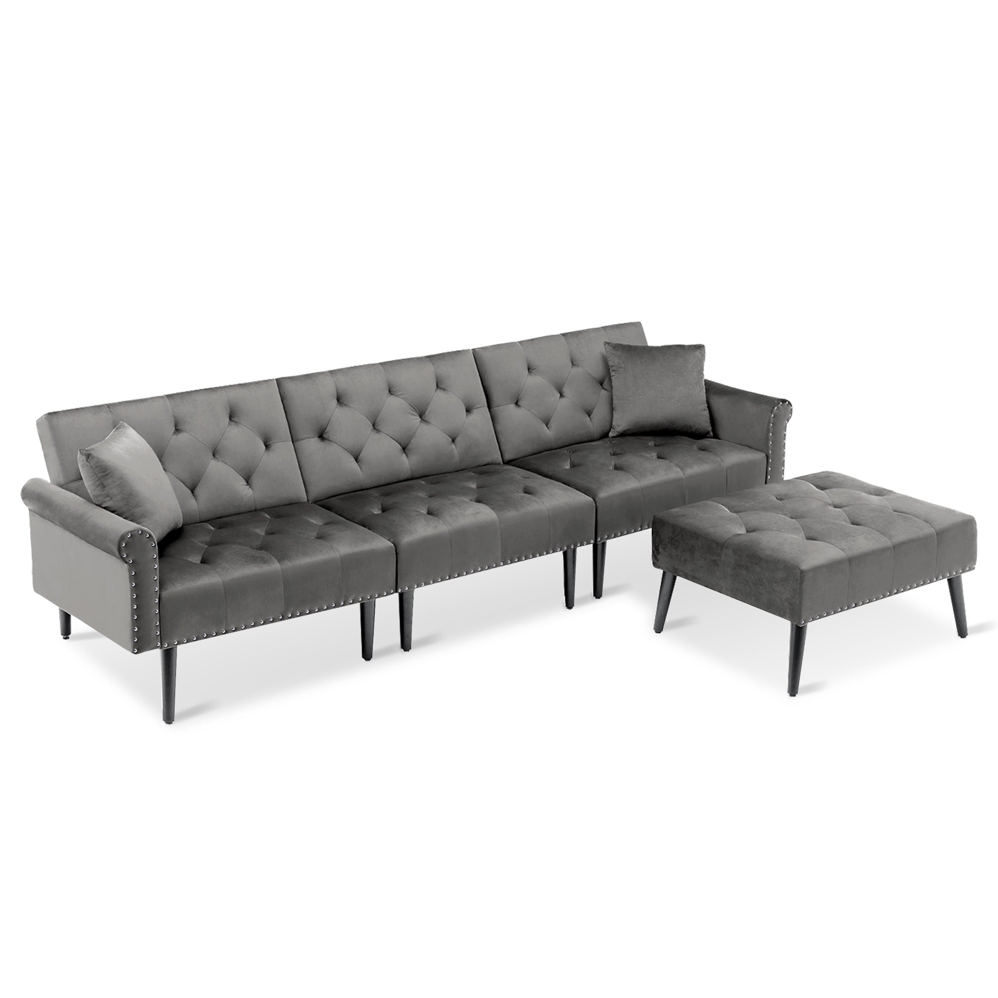 Convertible Velvet Sofa Couch, Sectional Sofa with Ottoman, Mid-Century Upholstered Comfy Futon Sofa Bed, Sleeper Sofa 4-Seater Loveseat for Apartment, Living Room, Office 6090-SOFA-5131GY/P/BG/BU