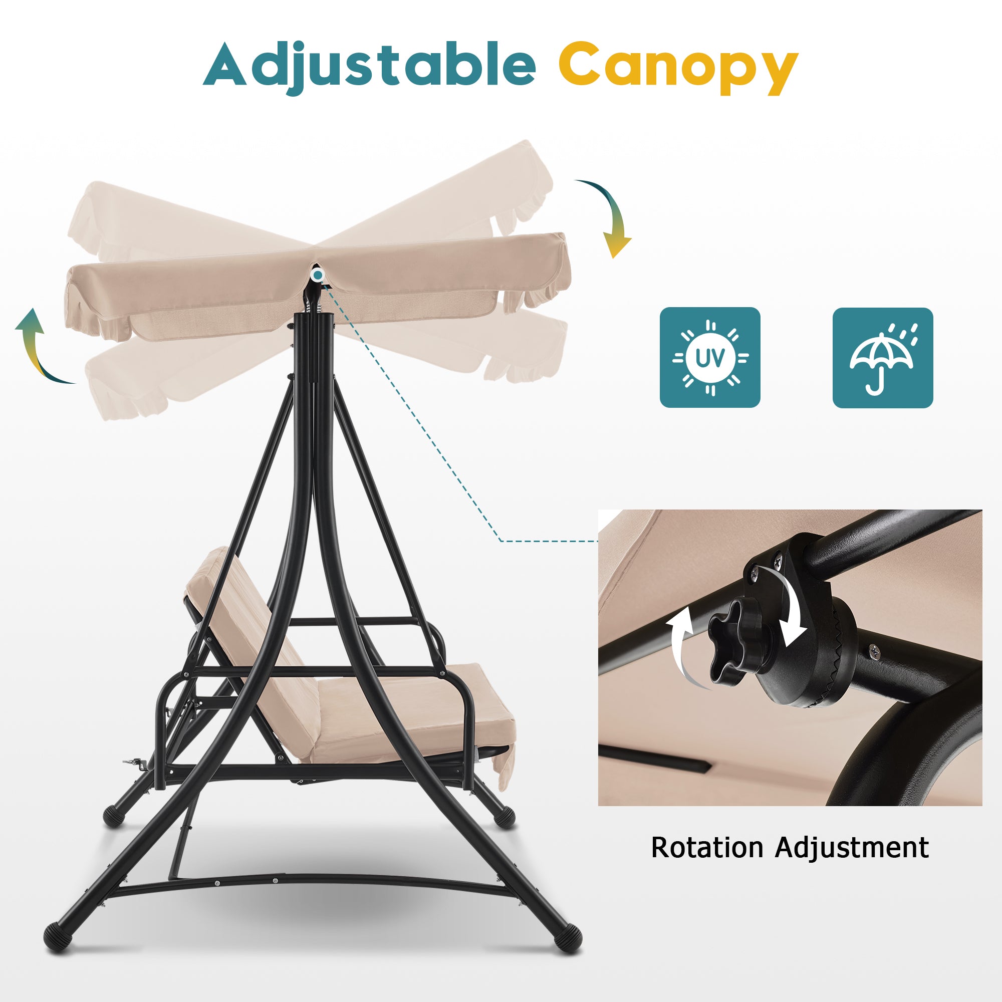 Mcombo 3 Seat Patio Swings with Weather Resistant Steel Frame Adjustable Canopy, Reclining Outdoor Porch Swing with Cushion for Backyard, Porch Lawn, Poolside, Balcony 4089