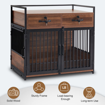 Mcombo Furniture Style Dog Crate, Wooden Dog Crate End Table, Double Doors Dog Kennel with Storage Drawers, 0649