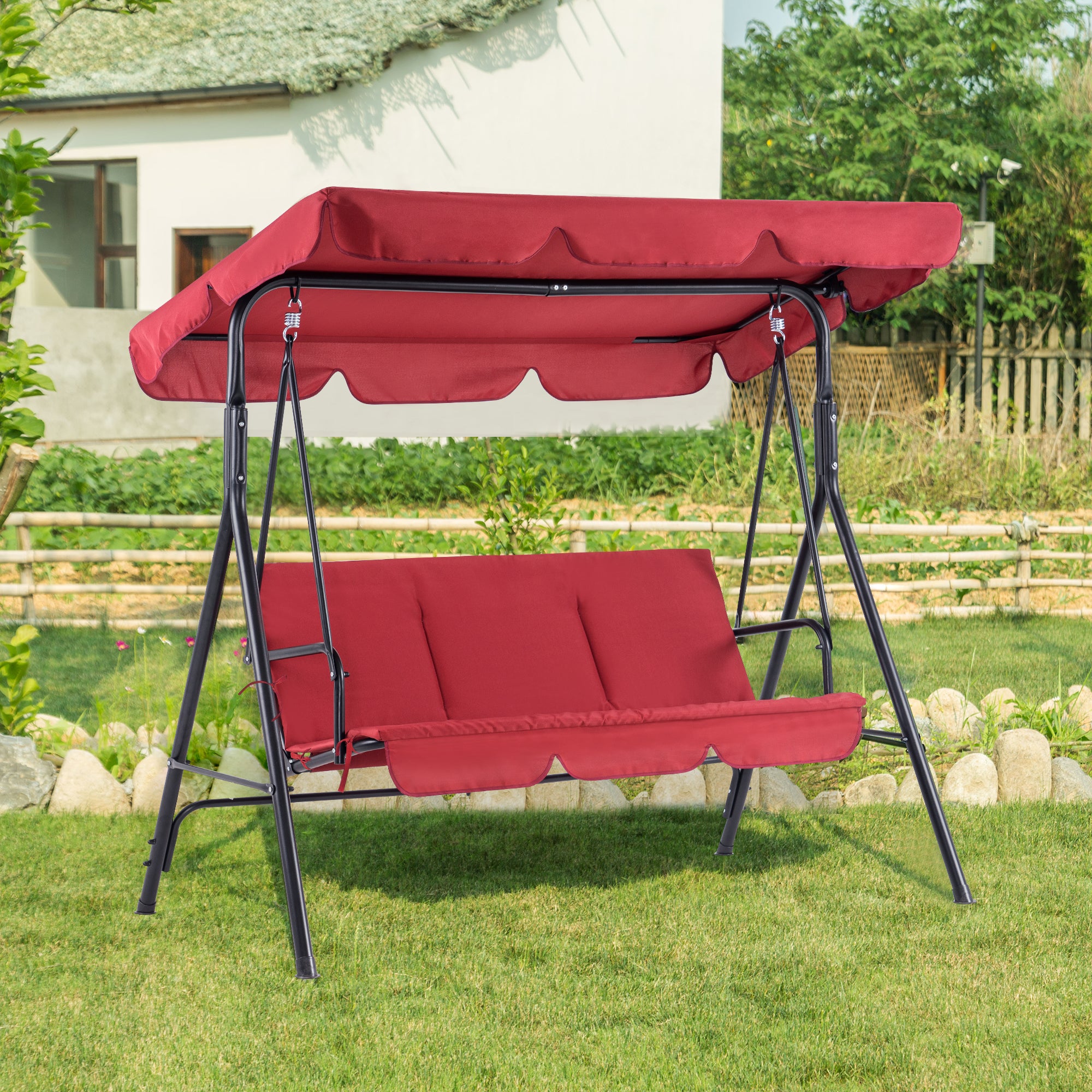 Mcombo 3-Person Outdoor Patio Swing Chair, Convertible Canopy Hanging Swing Glider Lounge Chair,  4003