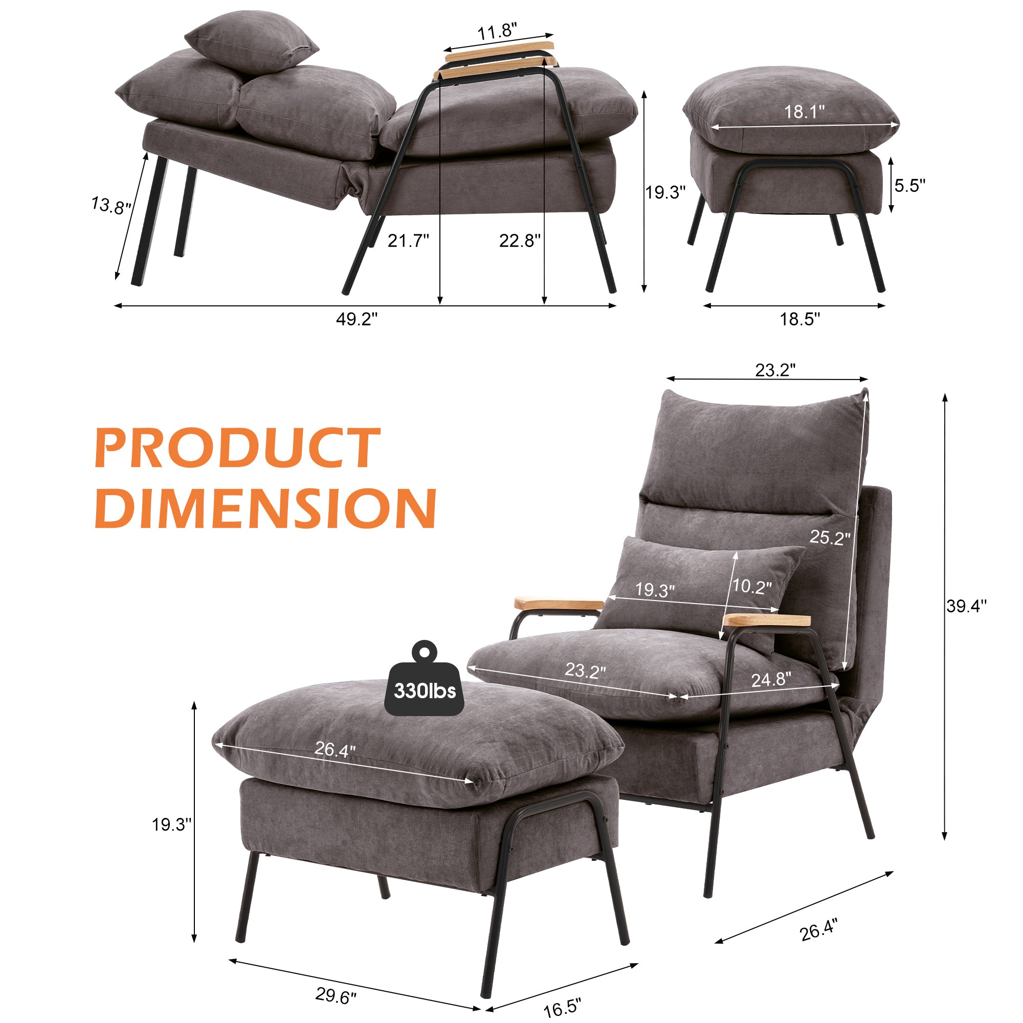 MCombo Accent Recliner Chair with Ottoman, Fabric Couch Bed Chair, Armchair Club Chair, Adjustable Backrest and Headrest, for Living Room Bedroom Office 4055/4058/4059