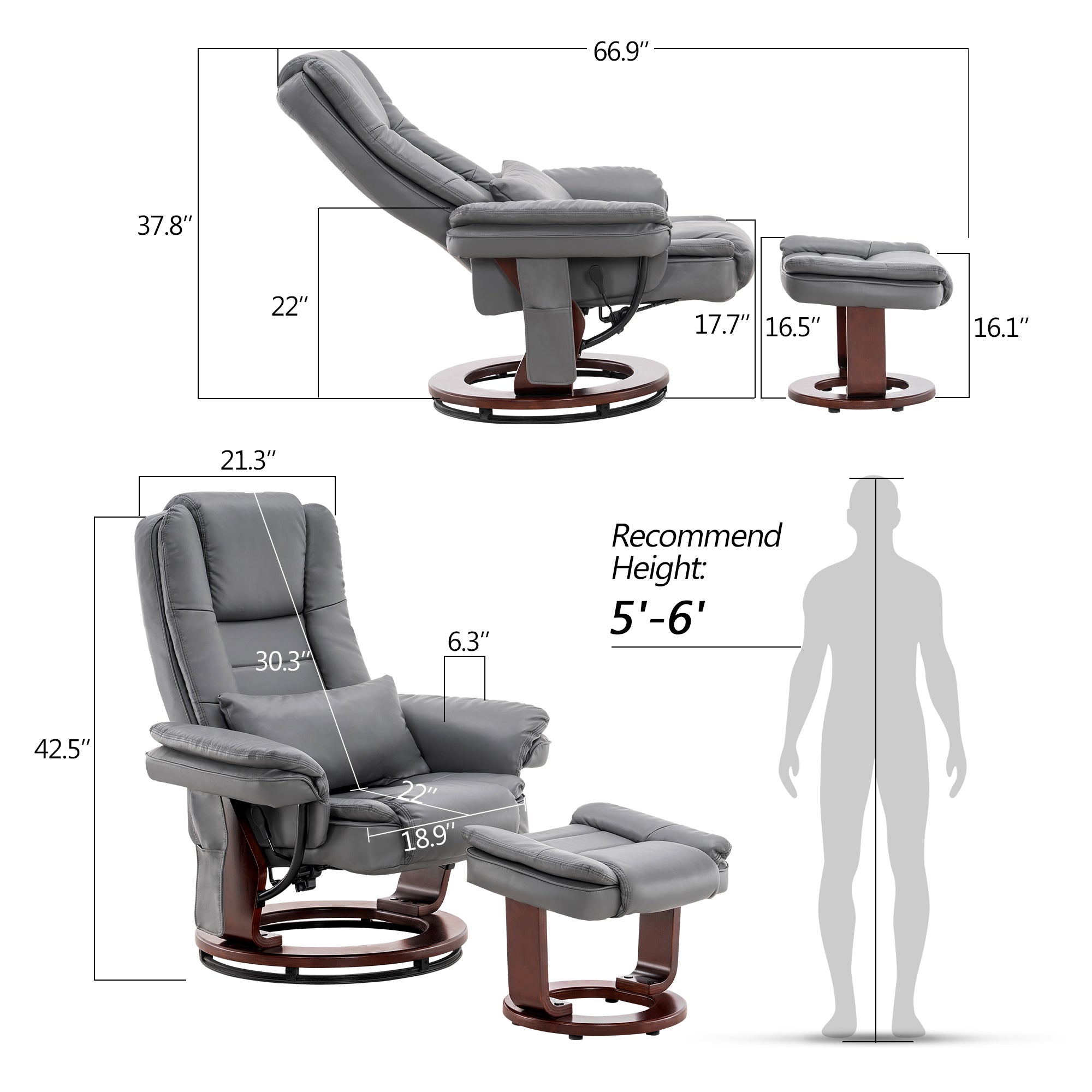 MCombo Recliner with Ottoman Chair Accent Recliner Chair with Vibration Massage, 360 Degree Swivel Wood Base, Faux Leather 9096