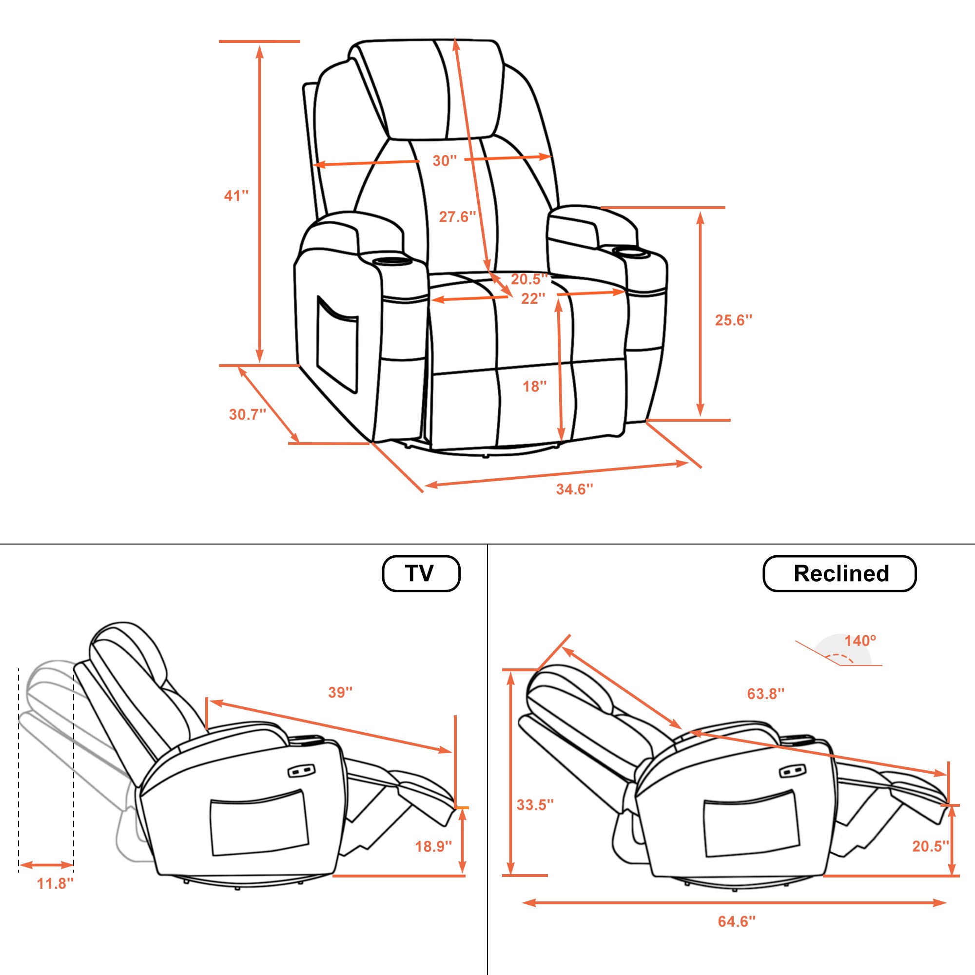 MCombo Manual Swivel Glider Rocker Recliner Chair with Massage and Heat for Adult, Cup Holders, USB Ports, 2 Side Pockets 8031,8041