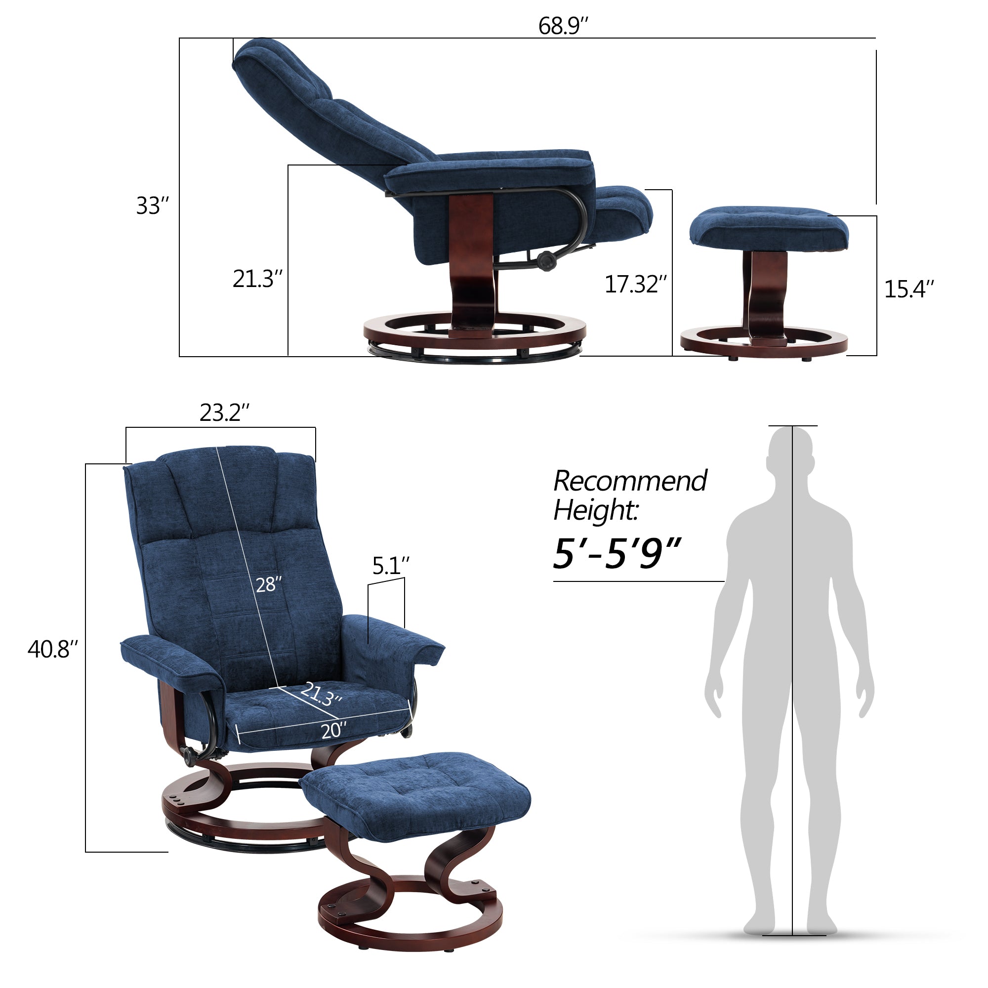 MCombo Swivel Recliner with Ottoman, Manual Recliner Chairs with Wood Base for Living Room Bedroom Office, Chenille Fabric 4919