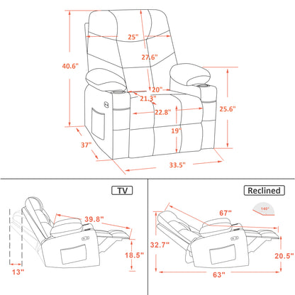 MCombo Manual Glider Rocker Recliner Chair with Cup Holders for Nursery, USB Ports, 2 Side & Front Pockets 8002