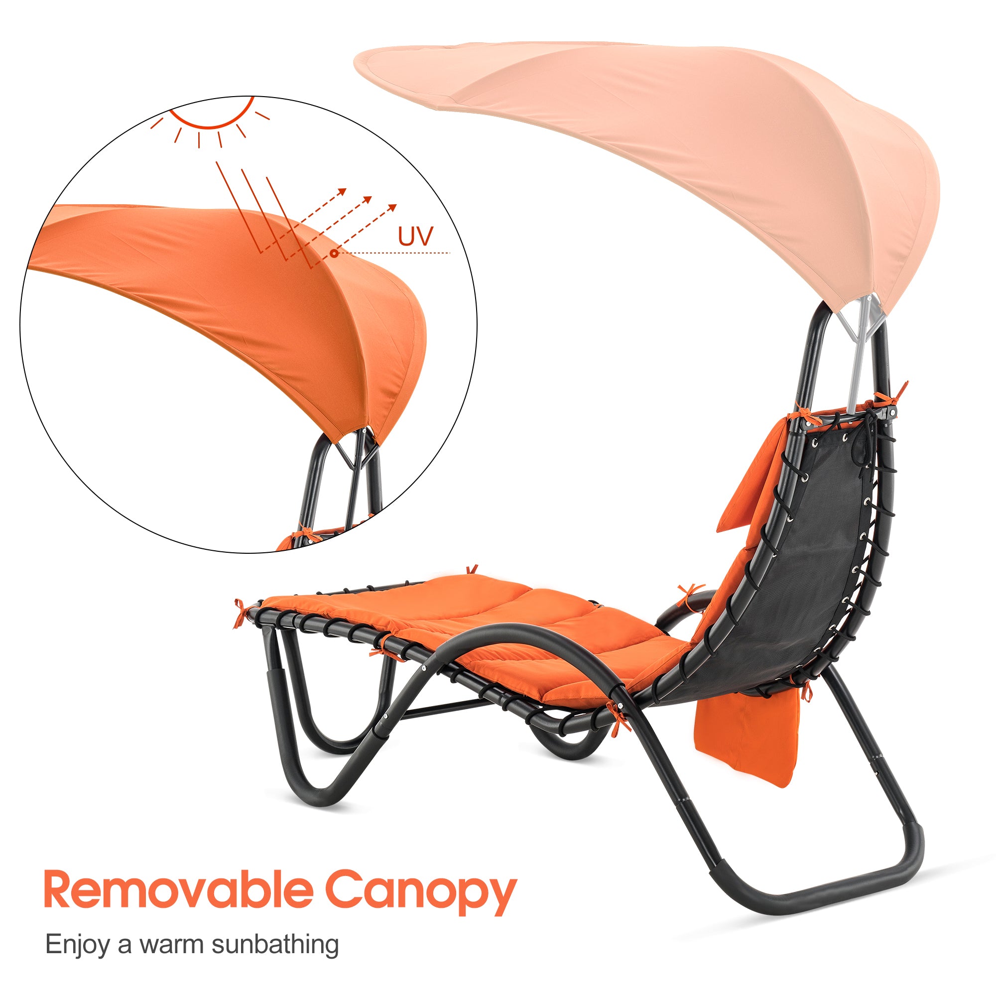 Mcombo Outdoor Chaise Lounge Chair w/Adjustable Canopy, Adjustable Cushioned Reclining Chair w/Side Pocket and Arc Stand, Sun Lounger for Beach Poolside Backyard Balcony Porch, 4097