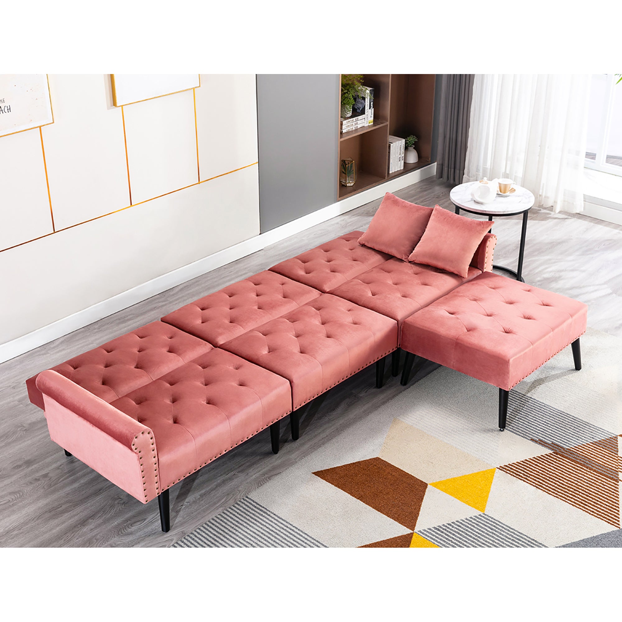 Convertible Velvet Sofa Couch, Sectional Sofa with Ottoman, Mid-Century Upholstered Comfy Futon Sofa Bed, Sleeper Sofa 4-Seater Loveseat for Apartment, Living Room, Office 6090-SOFA-5131GY/P/BG/BU