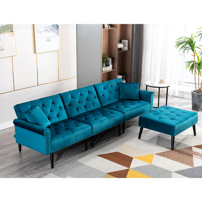 Convertible Velvet Sofa Couch, Sectional Sofa with Ottoman, Mid-Century Upholstered Comfy Futon Sofa Bed, Sleeper Sofa 4-Seater Loveseat for Apartment, Living Room, Office 6090-SOFA-5131GY/P/BG/BU