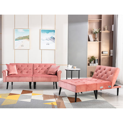 Convertible Velvet Sofa Couch, Sectional Sofa with Ottoman, Mid-Century Upholstered Comfy Futon Sofa Bed, Sleeper Sofa 4-Seater Loveseat for Apartment, Living Room, Office 6090-SOFA-5131GY/P/BG/BU