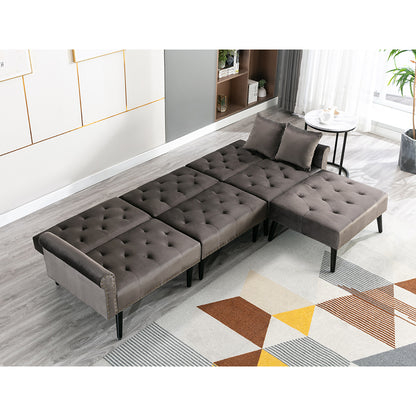 Convertible Velvet Sofa Couch, Sectional Sofa with Ottoman, Mid-Century Upholstered Comfy Futon Sofa Bed, Sleeper Sofa 4-Seater Loveseat for Apartment, Living Room, Office 6090-SOFA-5131GY/P/BG/BU