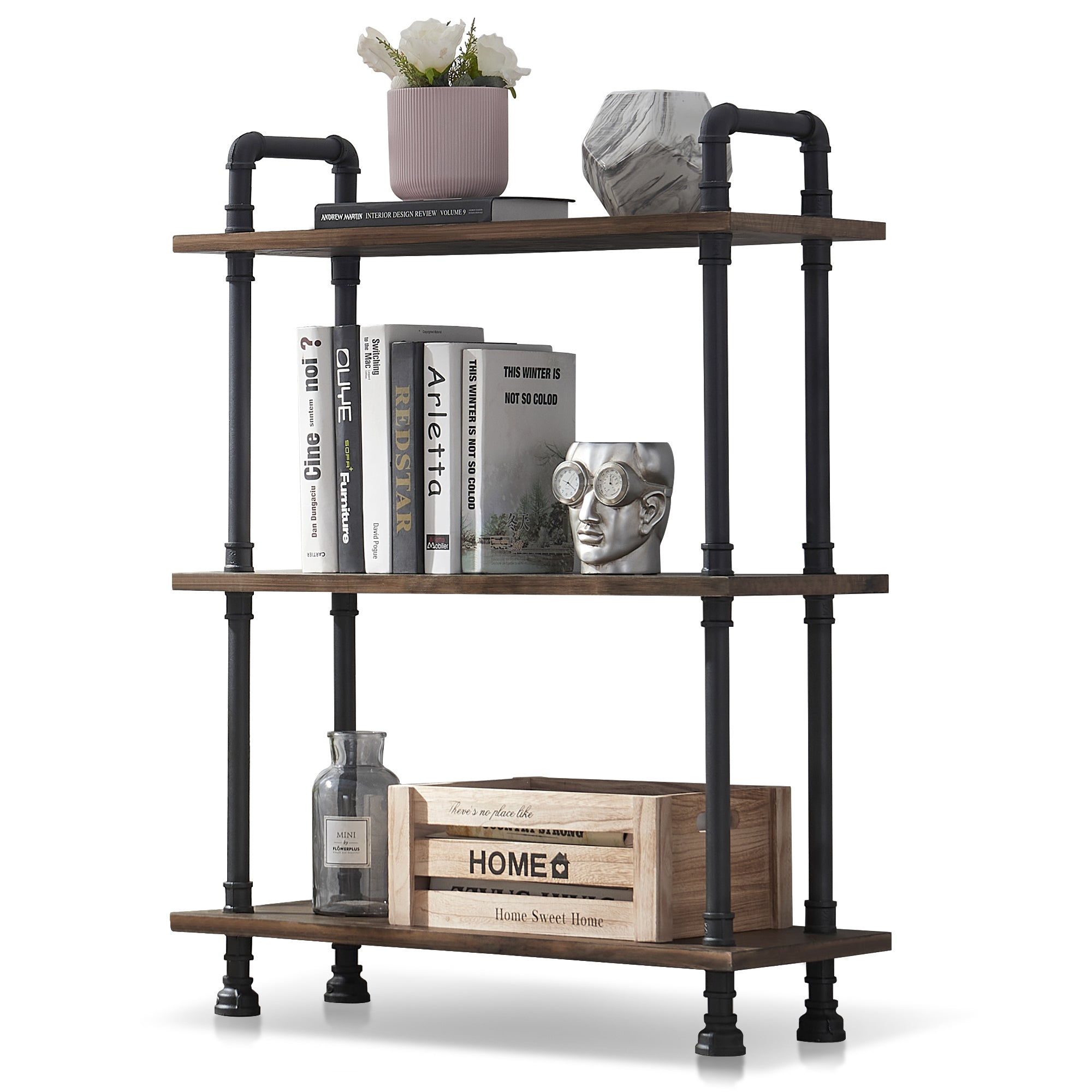 Mcombo Industrial Bookshelf Wood & Metal Bookcase, Rustic Plant Shelf Storage Rack Vintage Kitchen Shelves, Wide Modern Open Display Shelf Heavy Duty Pipe Book Cases Farmhouse Etagere BS505/404/303BLK