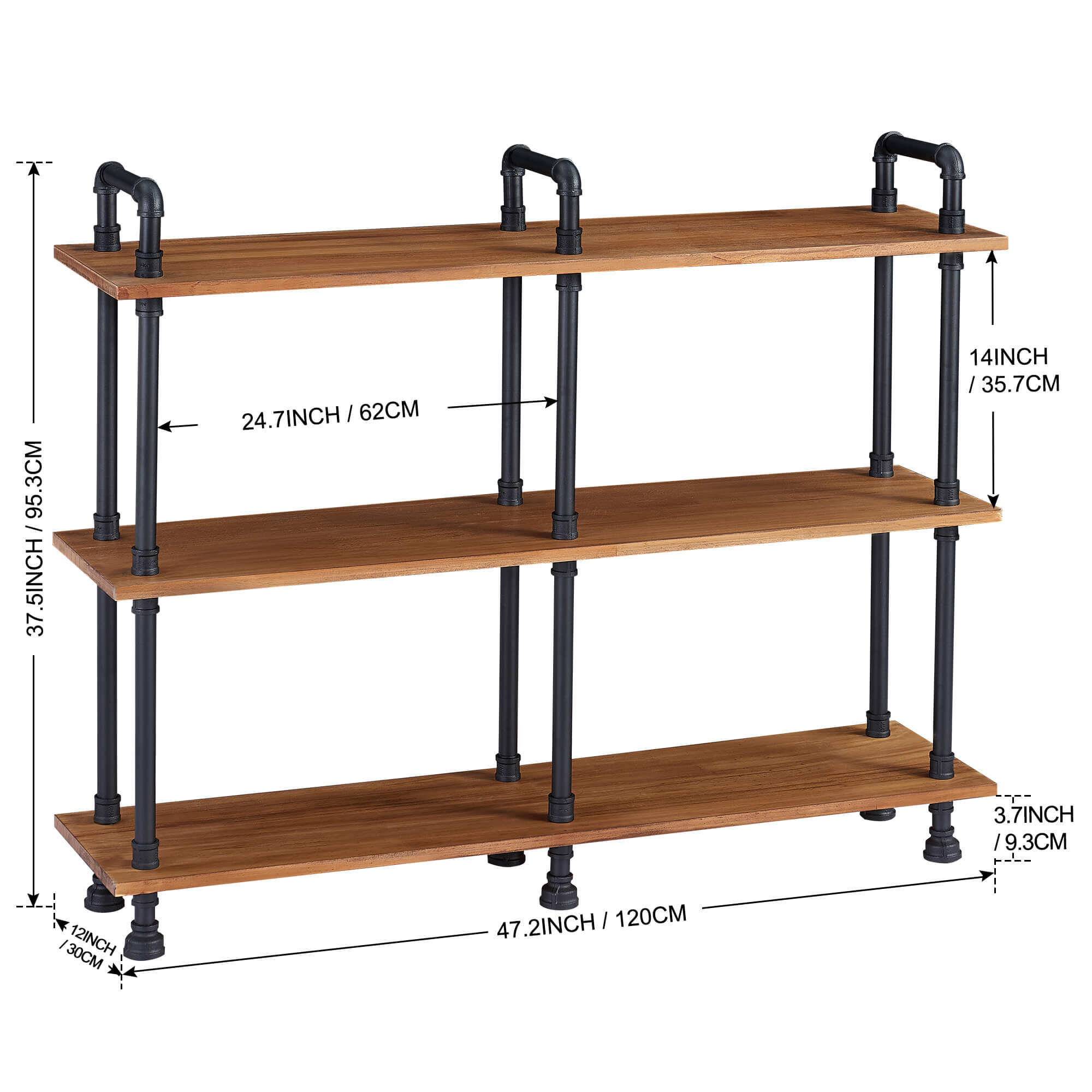 Mcombo Industrial Bookshelf Metal Bookcase, Cube Storage Shelf Plant Shelf Vintage Wooden Shelves, Farmhouse Etagere Heavy Duty Display Oak Shelf 6090-PIPE-WT