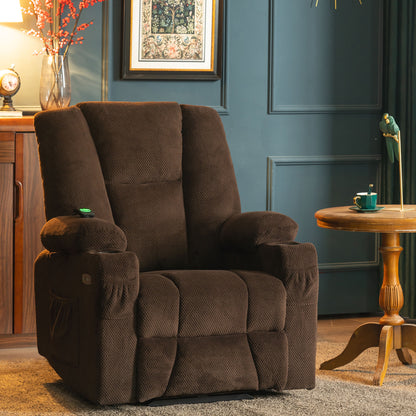 Mcombo Electric Power Recliner Chair with Massage & Heat, Extended Footrest, USB Ports, 2 Side Pockets, Cup Holders, Plush Fabric 8015