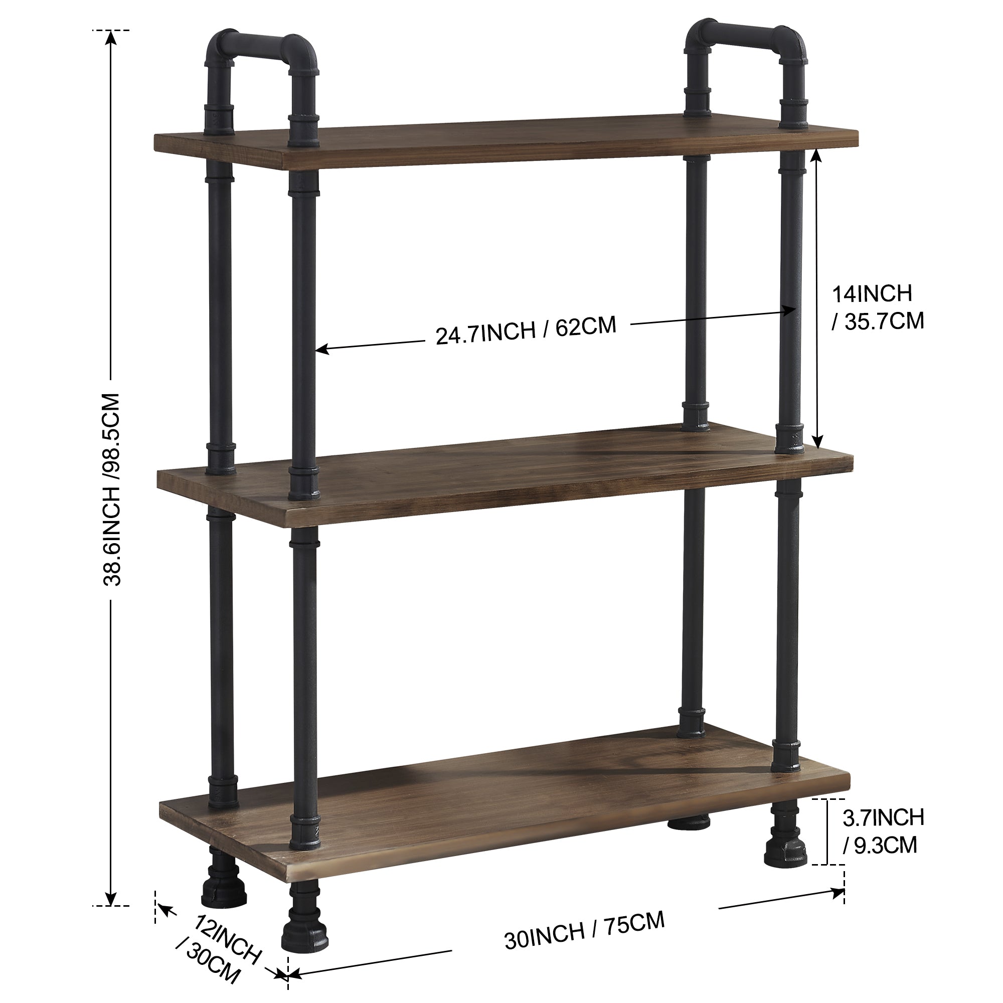 Mcombo Industrial Bookshelf Wood & Metal Bookcase, Rustic Plant Shelf Storage Rack Vintage Kitchen Shelves, Wide Modern Open Display Shelf Heavy Duty Pipe Book Cases Farmhouse Etagere BS505/404/303BLK