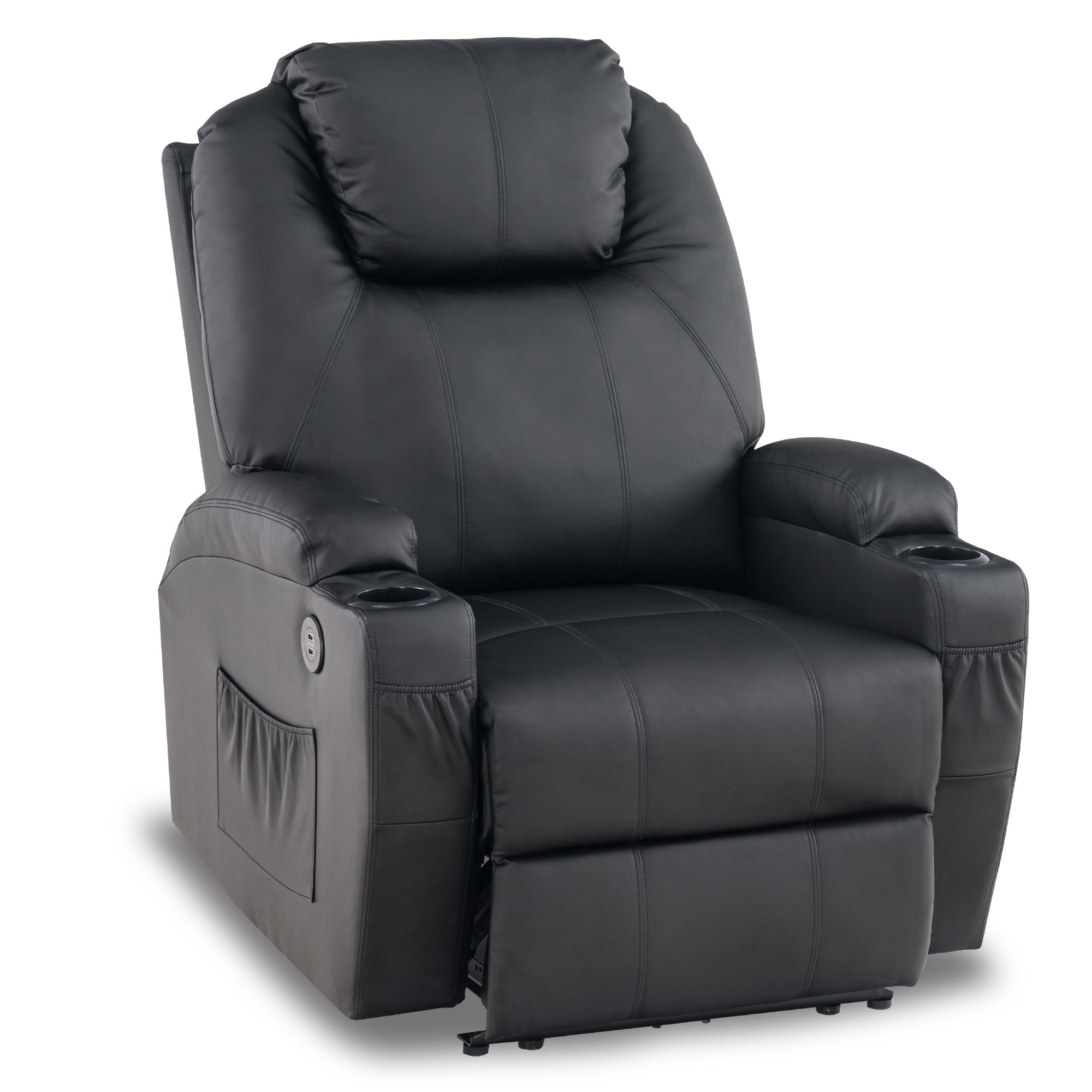 Mcombo Electric Power Recliner Chair with Massage and Heat, 2 Positions, USB Charge Ports, 2 Side Pockets and Cup Holders, Faux Leather 7050