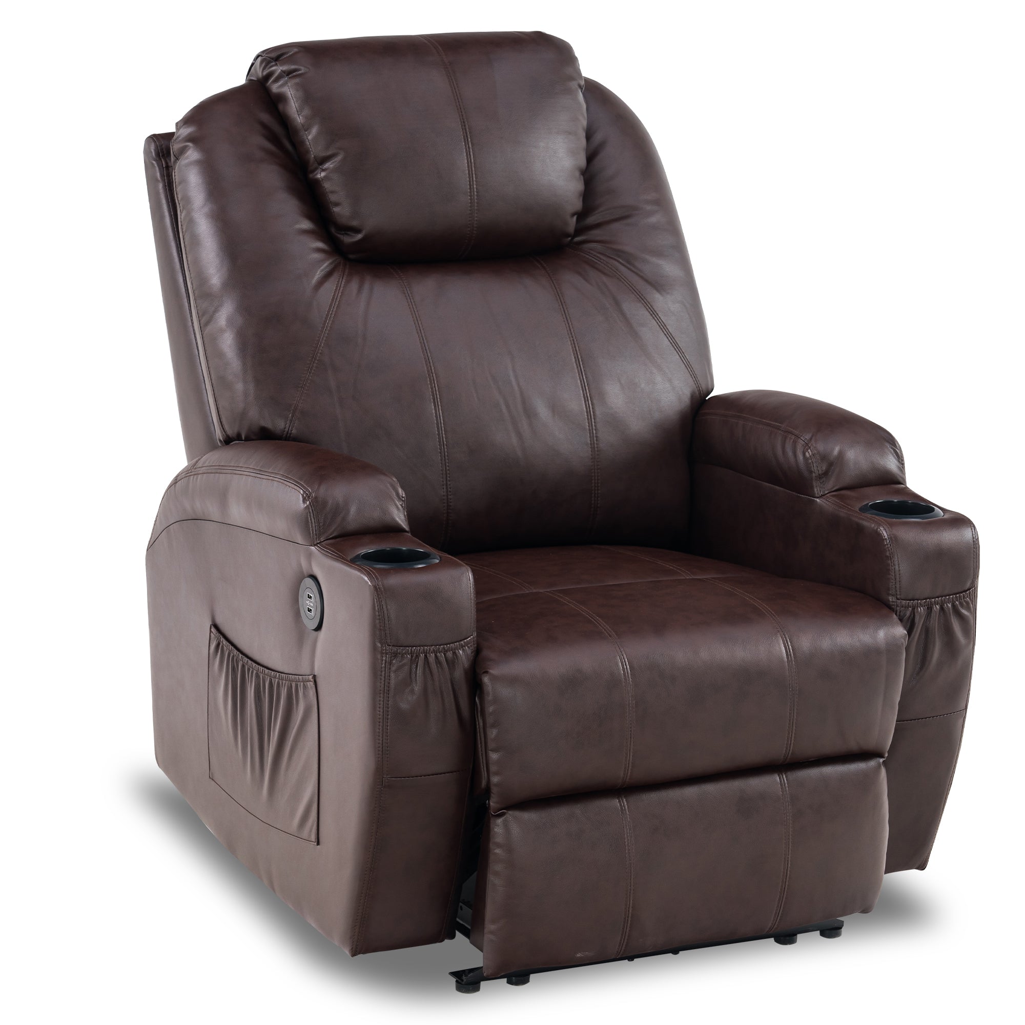 Mcombo Electric Power Recliner Chair with Massage and Heat, 2 Positions, USB Charge Ports, 2 Side Pockets and Cup Holders, Faux Leather 7050