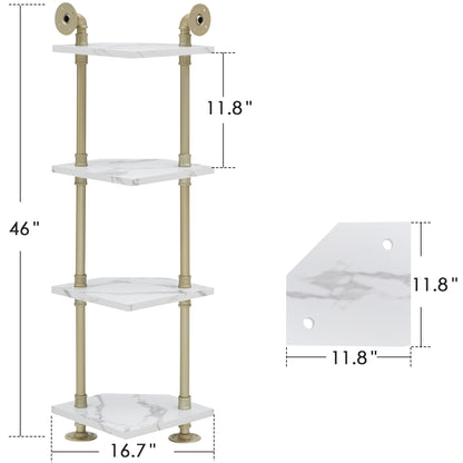 Corner Bookshelf with Storage, Wall Mount Pipe Open Shelves, White Corner Shelf Stand, Gold Metal Décor Bookcase , Modern Shelf Organizer Display Stand Rack for Bedroom, Bathroom, Home, Office, Living Room 6090-CS303WGD/6090-CS404WGD/6090-CS505WGD