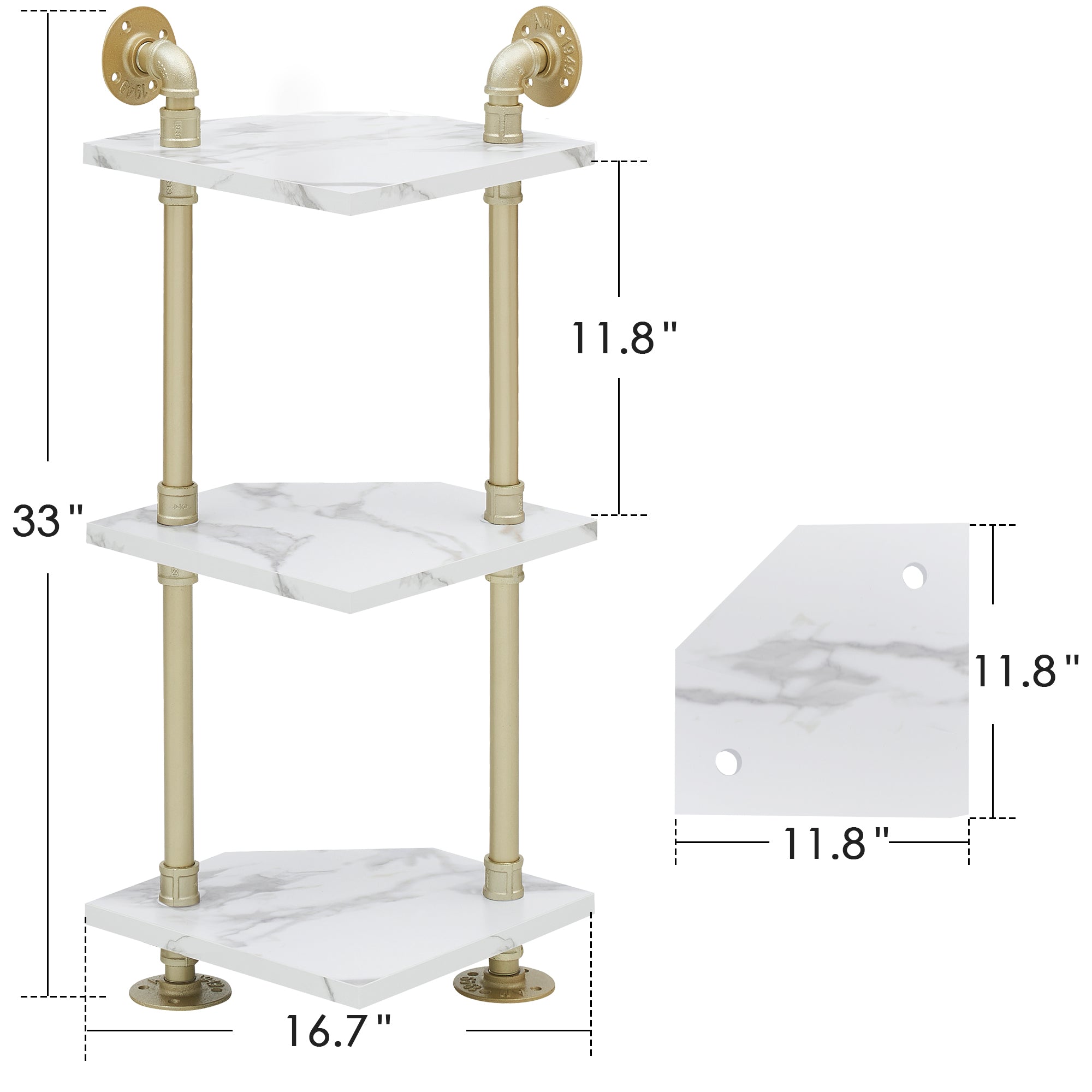 Corner Bookshelf with Storage, Wall Mount Pipe Open Shelves, White Corner Shelf Stand, Gold Metal Décor Bookcase , Modern Shelf Organizer Display Stand Rack for Bedroom, Bathroom, Home, Office, Living Room 6090-CS303WGD/6090-CS404WGD/6090-CS505WGD