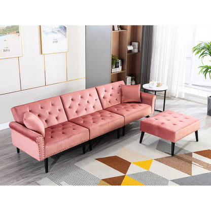 Convertible Velvet Sofa Couch, Sectional Sofa with Ottoman, Mid-Century Upholstered Comfy Futon Sofa Bed, Sleeper Sofa 4-Seater Loveseat for Apartment, Living Room, Office 6090-SOFA-5131GY/P/BG/BU