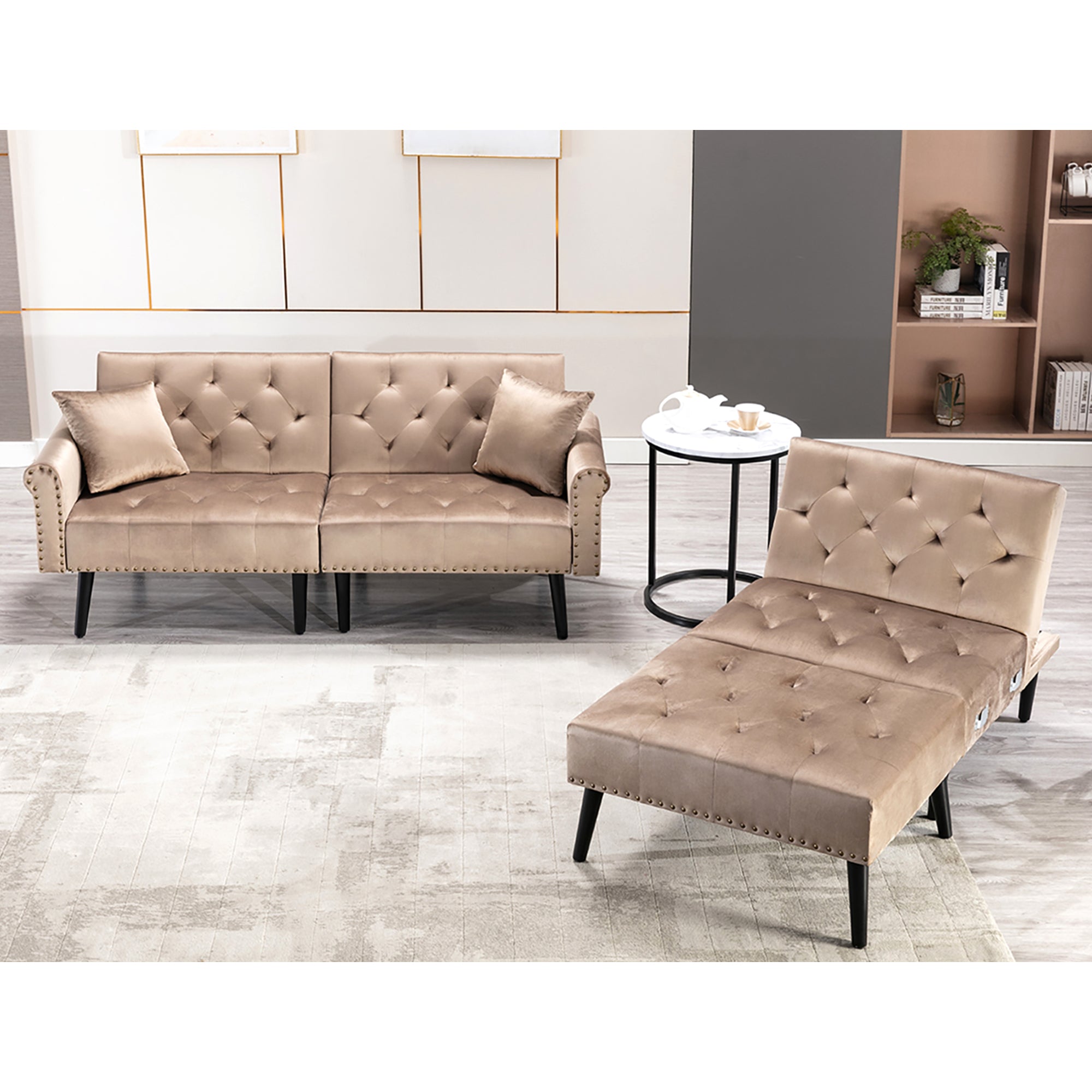 Convertible Velvet Sofa Couch, Sectional Sofa with Ottoman, Mid-Century Upholstered Comfy Futon Sofa Bed, Sleeper Sofa 4-Seater Loveseat for Apartment, Living Room, Office 6090-SOFA-5131GY/P/BG/BU