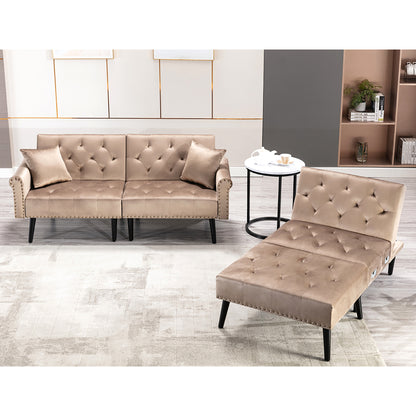 Convertible Velvet Sofa Couch, Sectional Sofa with Ottoman, Mid-Century Upholstered Comfy Futon Sofa Bed, Sleeper Sofa 4-Seater Loveseat for Apartment, Living Room, Office 6090-SOFA-5131GY/P/BG/BU