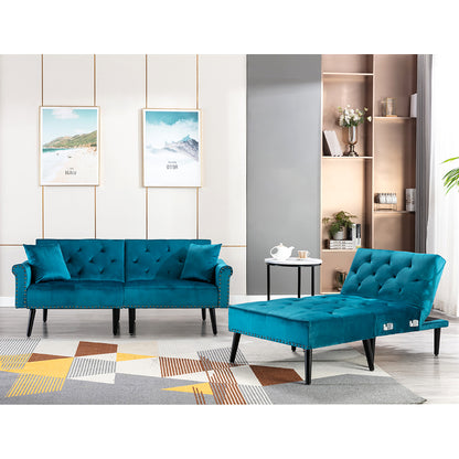 Convertible Velvet Sofa Couch, Sectional Sofa with Ottoman, Mid-Century Upholstered Comfy Futon Sofa Bed, Sleeper Sofa 4-Seater Loveseat for Apartment, Living Room, Office 6090-SOFA-5131GY/P/BG/BU