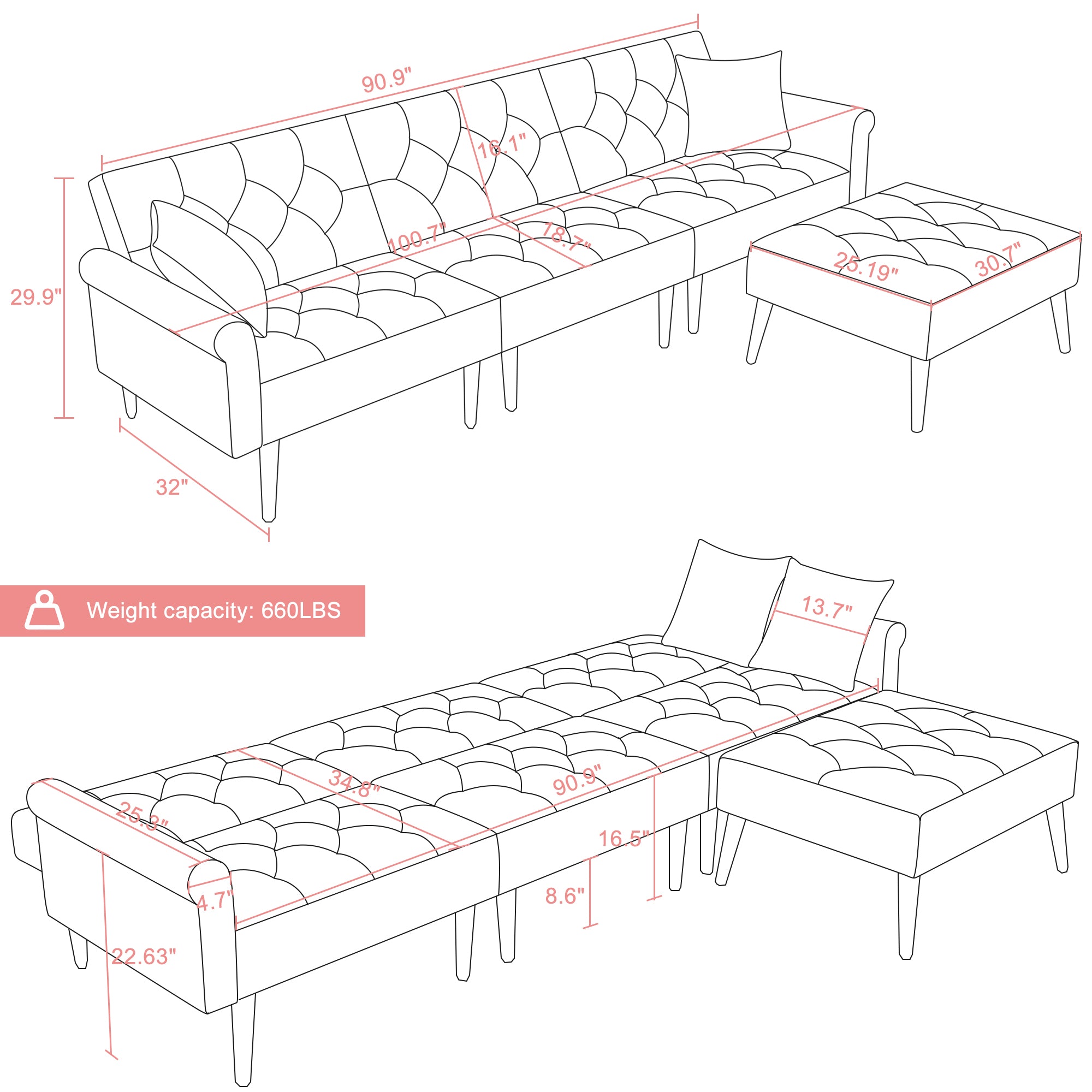 Convertible Velvet Sofa Couch, Sectional Sofa with Ottoman, Mid-Century Upholstered Comfy Futon Sofa Bed, Sleeper Sofa 4-Seater Loveseat for Apartment, Living Room, Office 6090-SOFA-5131GY/P/BG/BU