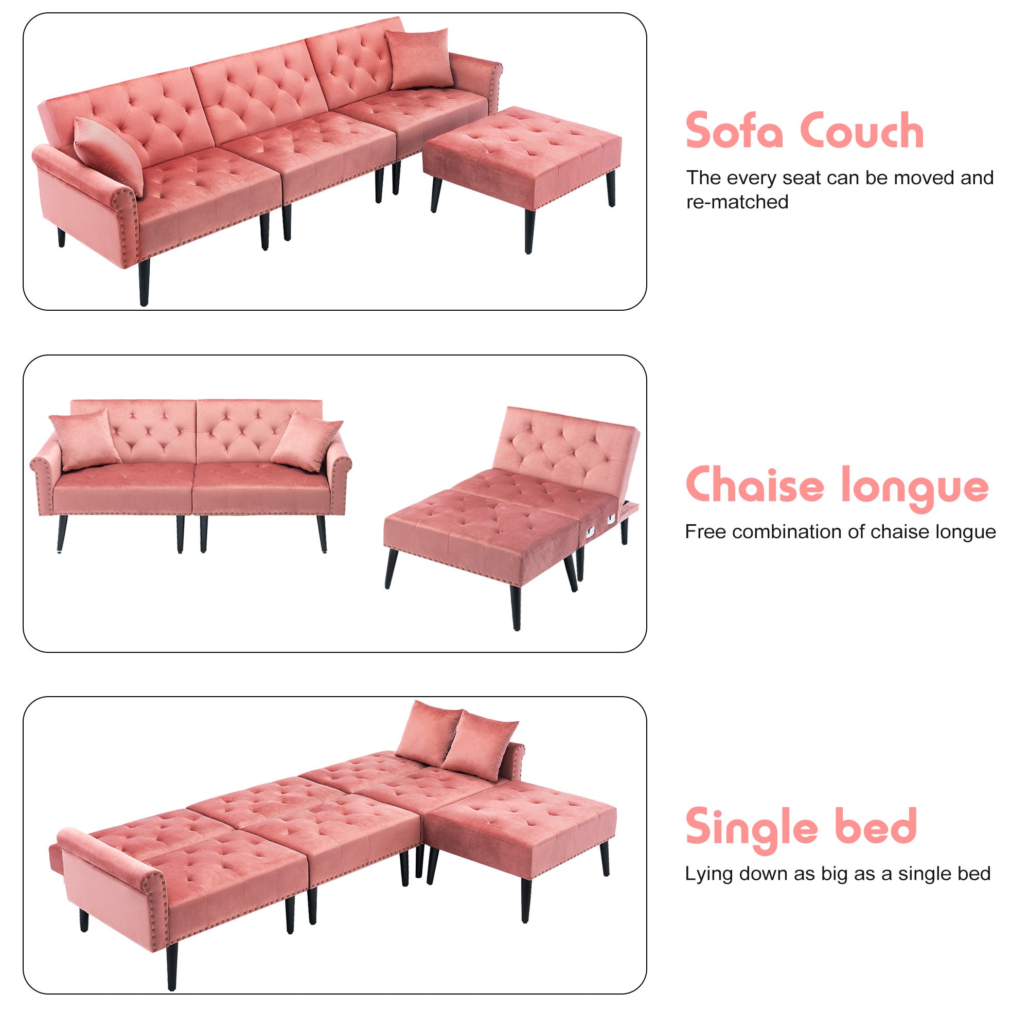 Convertible Velvet Sofa Couch, Sectional Sofa with Ottoman, Mid-Century Upholstered Comfy Futon Sofa Bed, Sleeper Sofa 4-Seater Loveseat for Apartment, Living Room, Office 6090-SOFA-5131GY/P/BG/BU