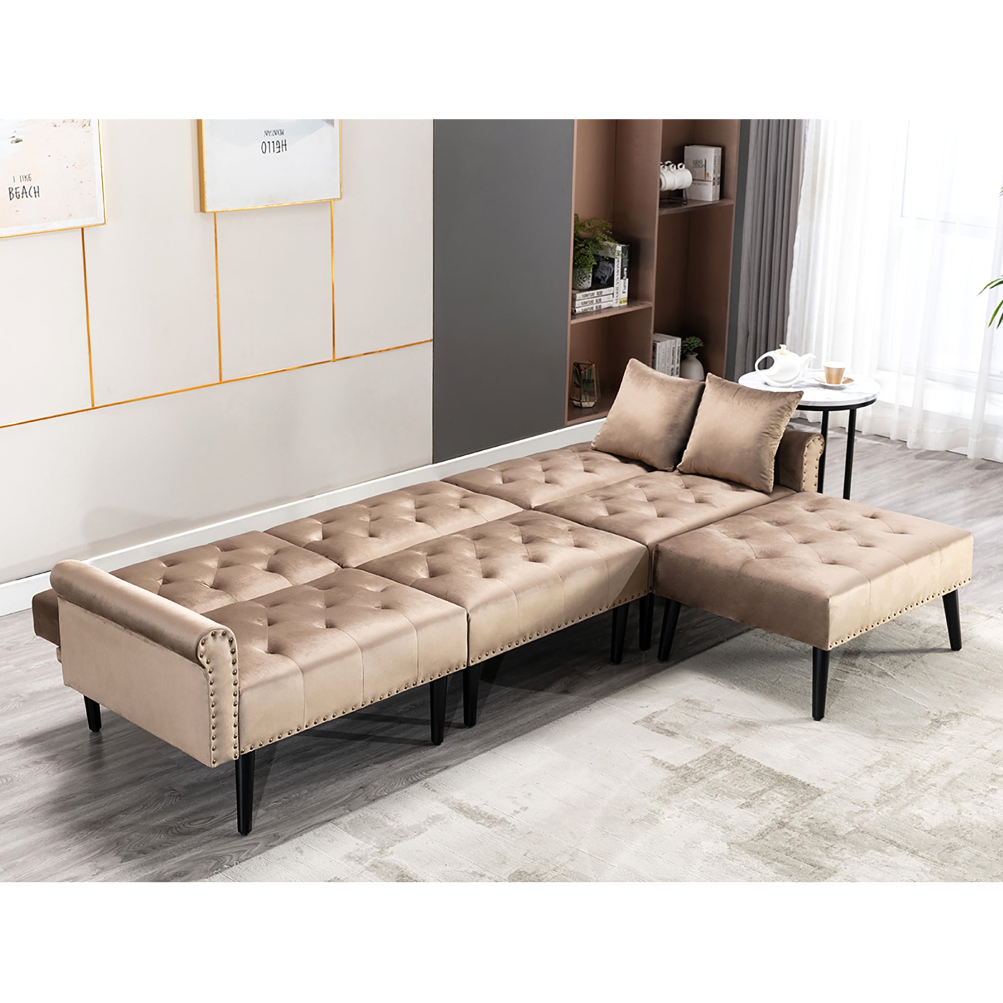 Convertible Velvet Sofa Couch, Sectional Sofa with Ottoman, Mid-Century Upholstered Comfy Futon Sofa Bed, Sleeper Sofa 4-Seater Loveseat for Apartment, Living Room, Office 6090-SOFA-5131GY/P/BG/BU