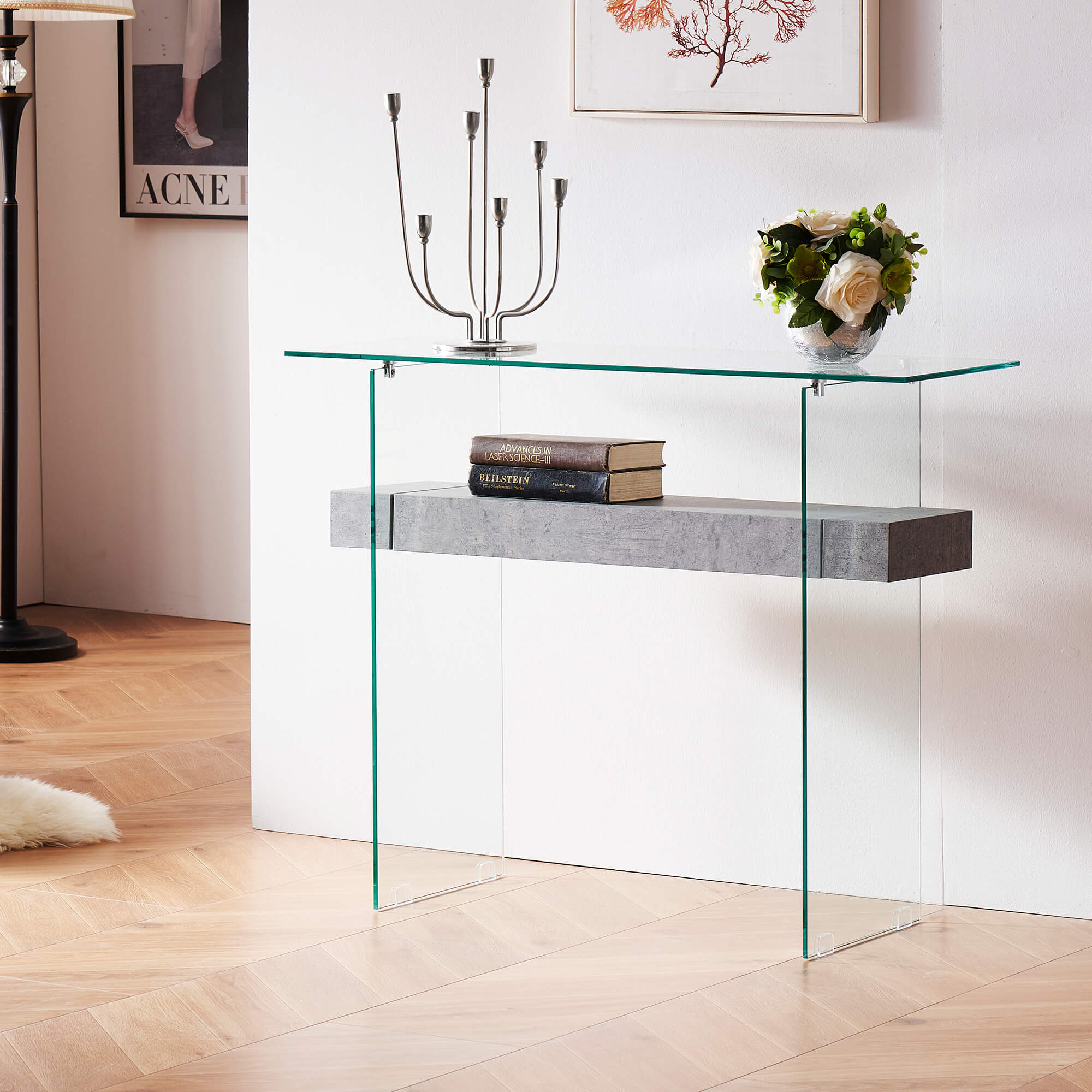 Narrow Glass Console Table with Storage Modern Sofa Table Entryway Table Glass Writing Desk Small Computer Desk TV Table Buffet Table Modern Accent Table,6090-5101/5101MB/5101ST