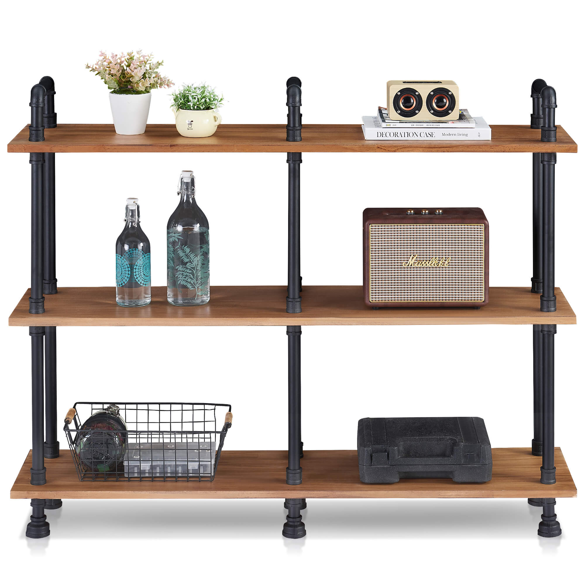 Mcombo Industrial Bookshelf Metal Bookcase, Cube Storage Shelf Plant Shelf Vintage Wooden Shelves, Farmhouse Etagere Heavy Duty Display Oak Shelf 6090-PIPE-WT