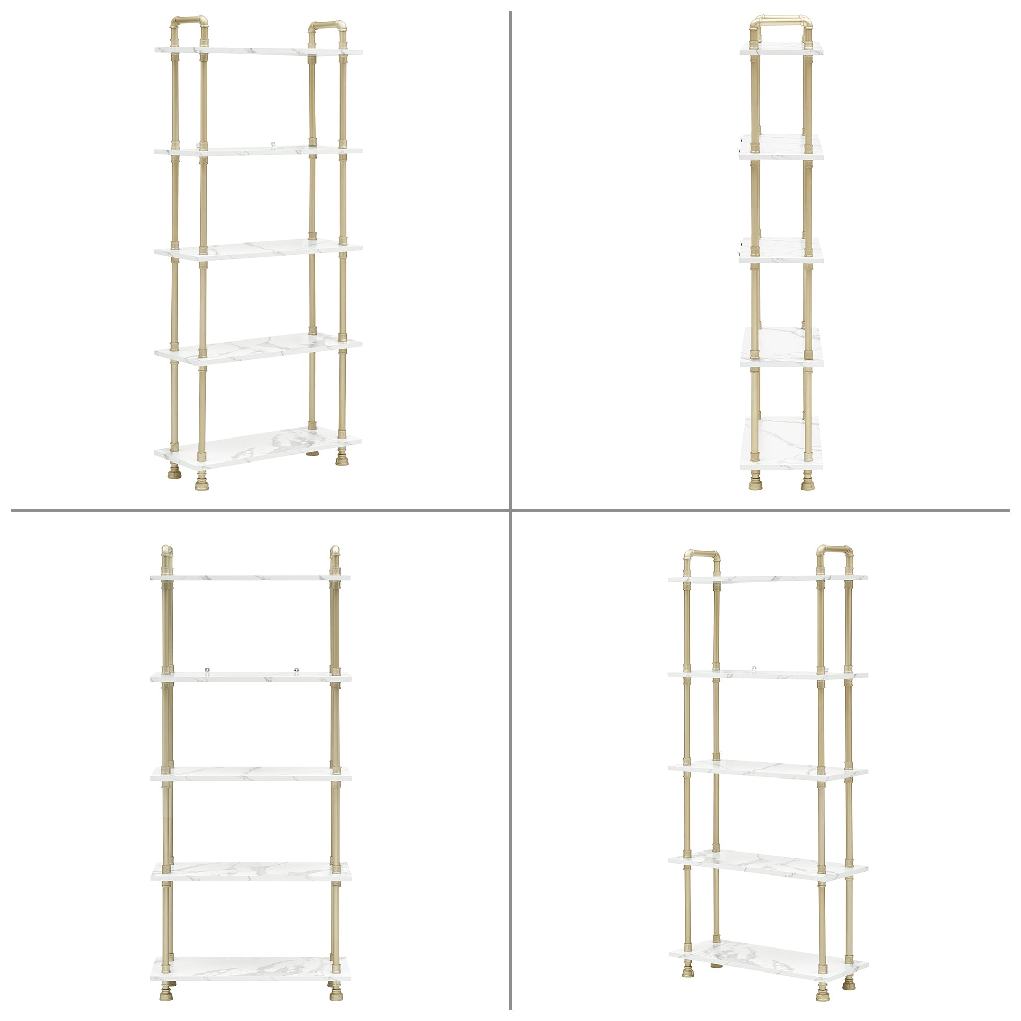 Mcombo 5 Tier Bookshelf Tall, Open Etagere Bookcase with Metal Frame, Office Shelf Storage Organizer, Modern Book Shelf for Living Room, Bedroom, Home Décor Display Rack, White Marble Gold 6090-BS303WGD/6090-BS404WGD/6090-BS505WGD